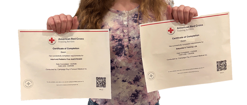 A babysitter holding her First Aid certifications